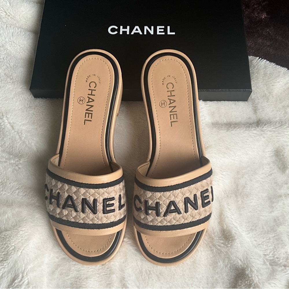 Chanel Tan Sandals with Logo Strap